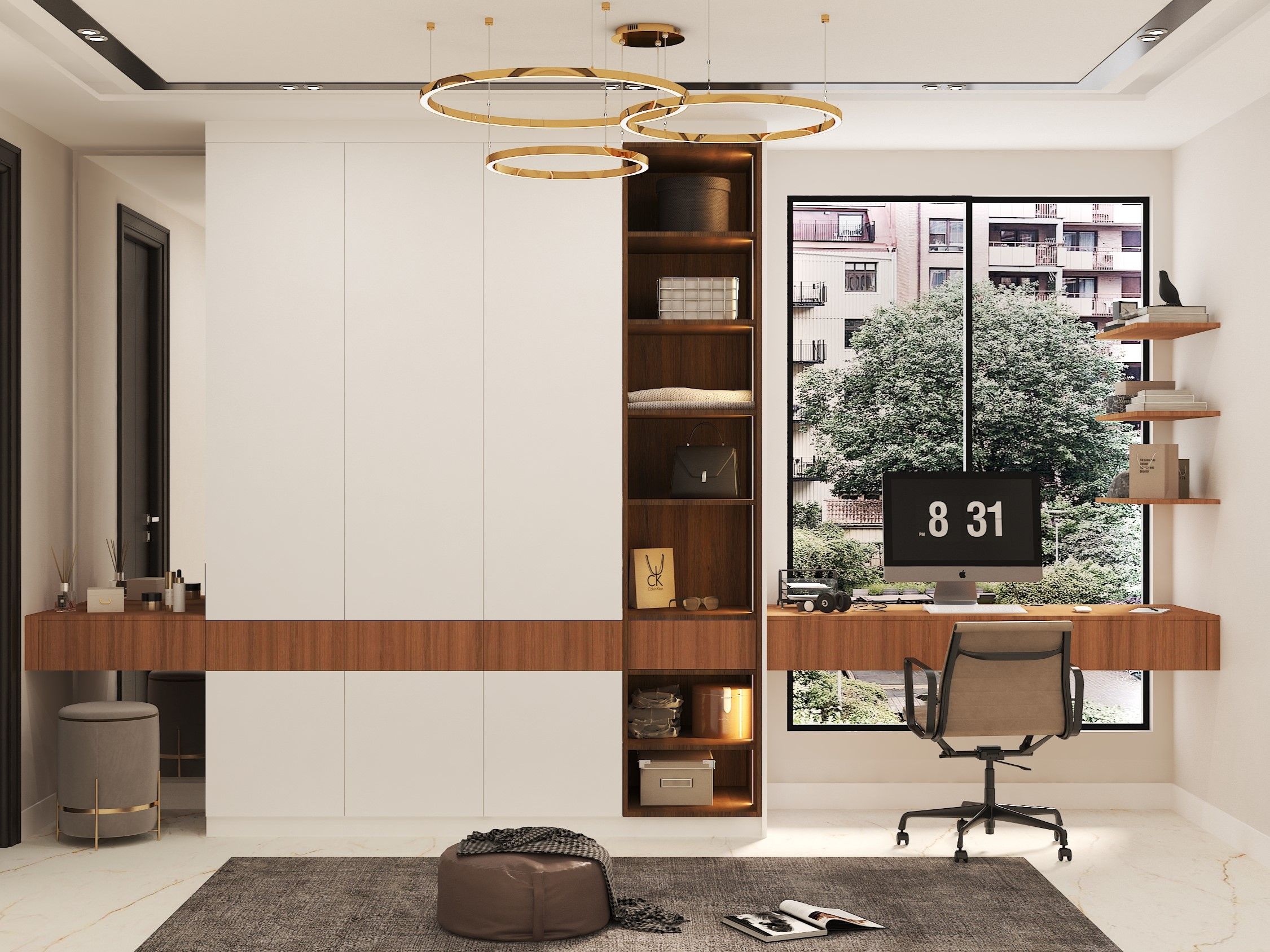 Modern study room with desk and wall shelves - Beautiful Homes