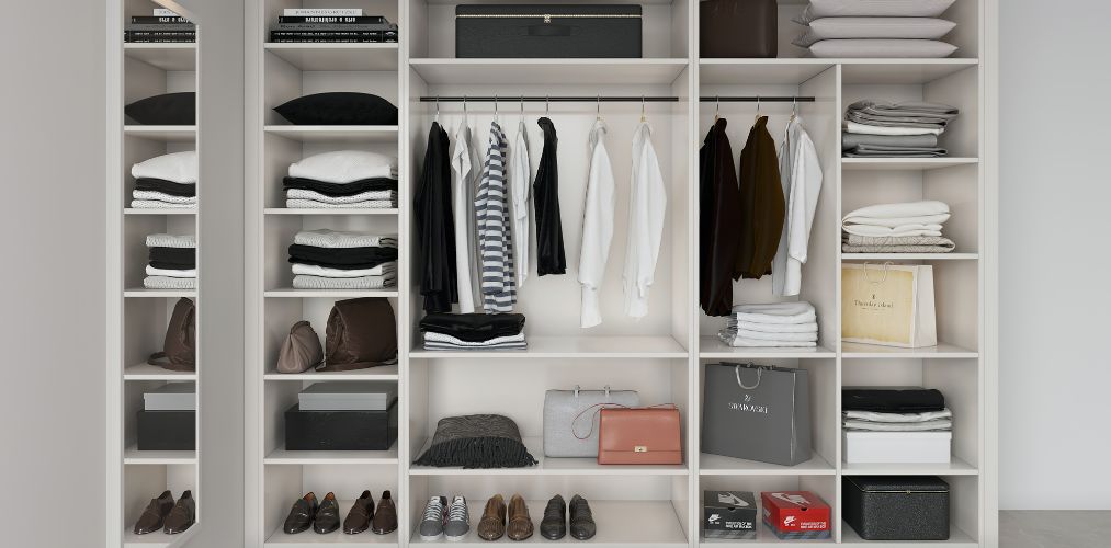 White wardrobe layout with shelves and hanging rod-Beautiful Homes