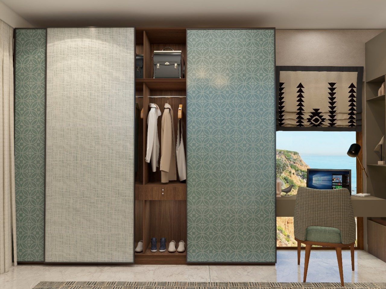 Wooden sliding wardrobe with wallpaper finish shutter - Beautiful Homes