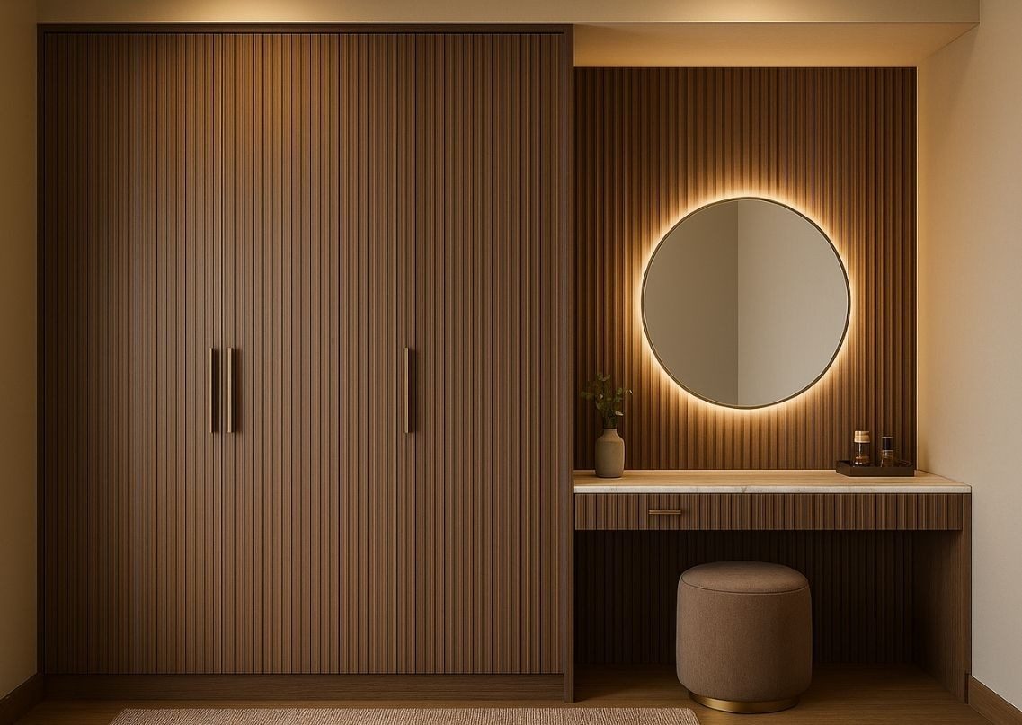 Wooden wardrobe with dressing table and round mirror - Beautiful Homes