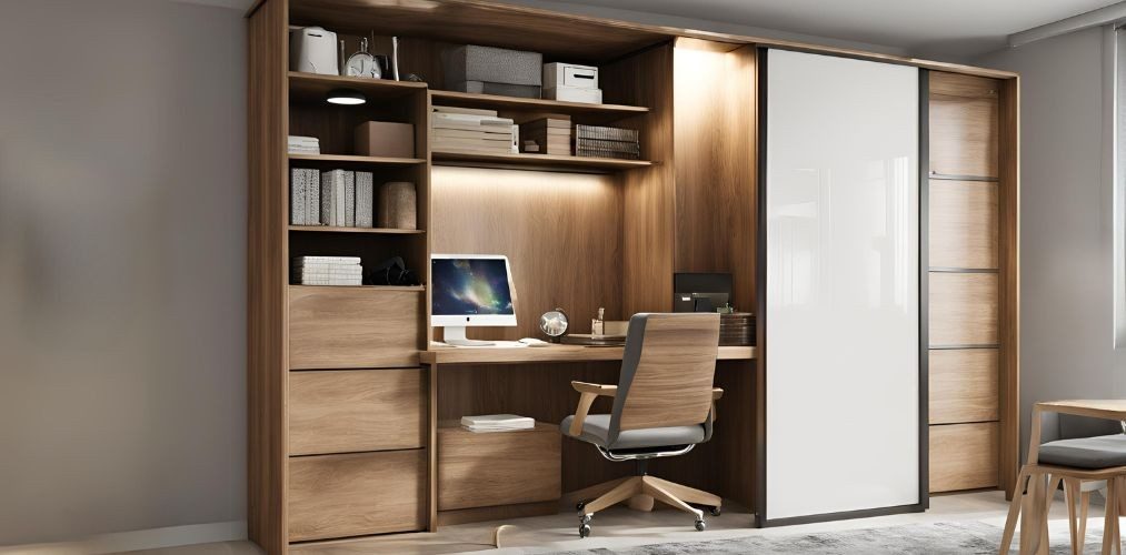 Wooden wardrobe with integrated study table and storage - Beautiful Homes