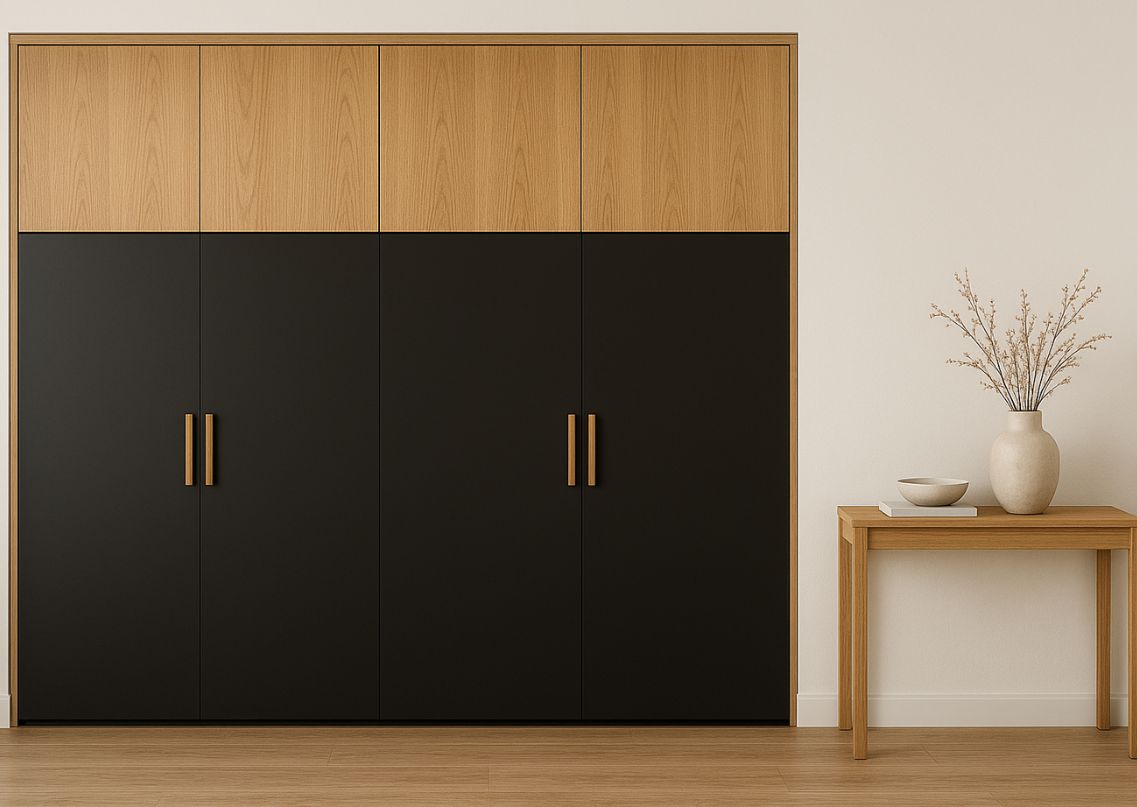 Black and wooden wardrobe with sleek handles - Beautiful Homes