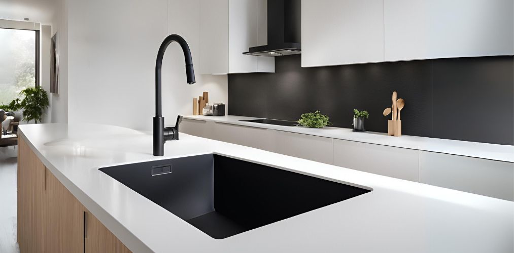 Black kitchen sink with white countertop - Beautiful Homes