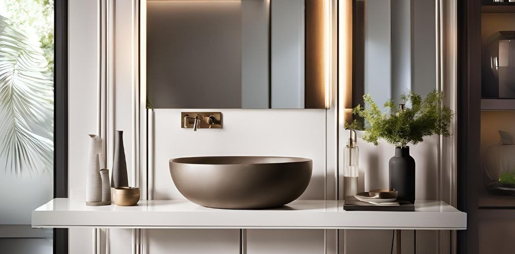 Bronze wash basin design with vanity mirror in living room - Beautiful Homes