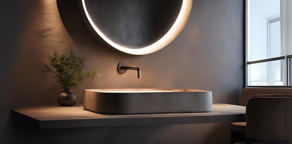 Concrete wash basin design with led mirror for living room - Beautiful Homes