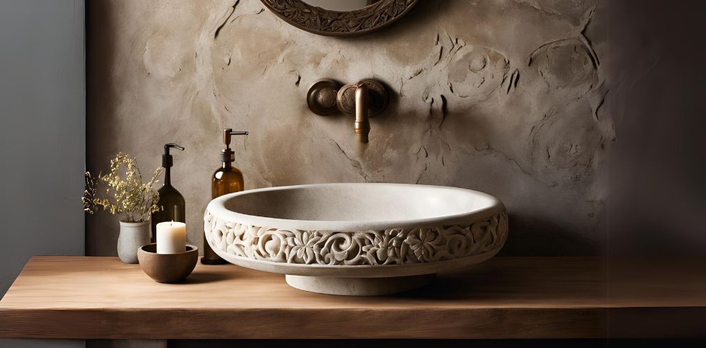 Natural stone vintage wash basin in bathroom - Beautiful Homes