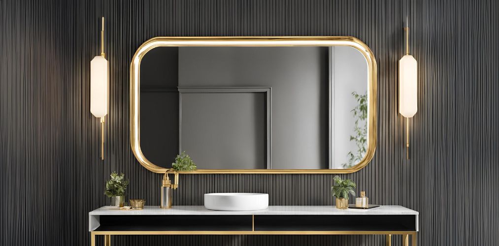 Sleek wash basin mirror with golden frame and wall lights - Beautiful Homes