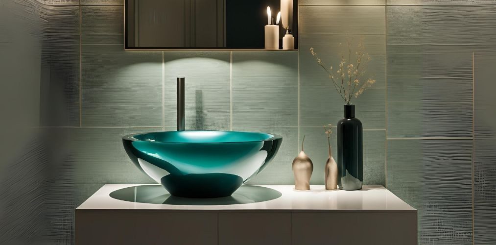 Teal green round wash basin design for powder bathroom - Beautiful Homes