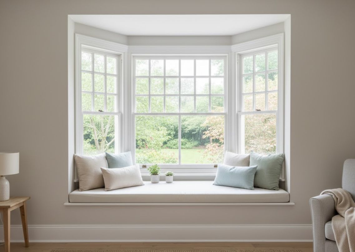 Bay window seat with pastel cushions and greenery - Beautiful Homes