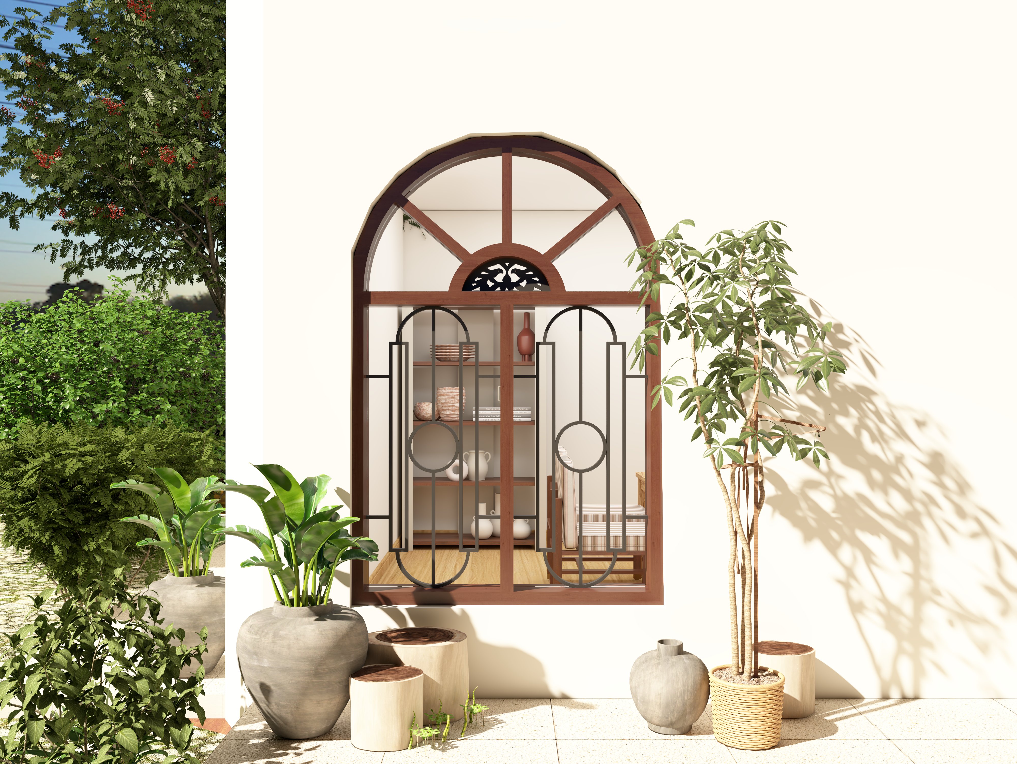 Arched wooden window design with metal grill - Beautiful Homes