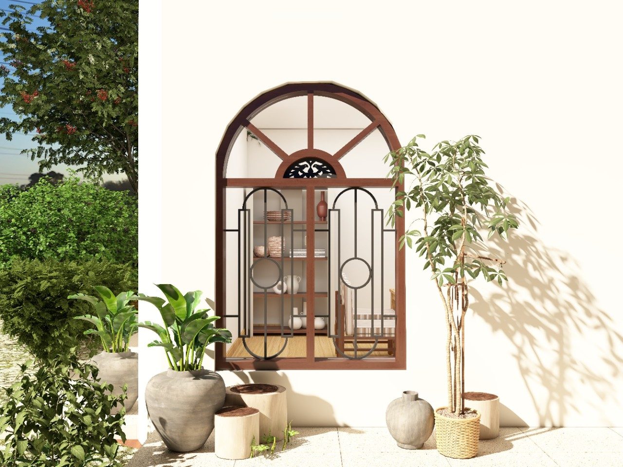 Arched wooden window design with metal grill - Beautiful Homes