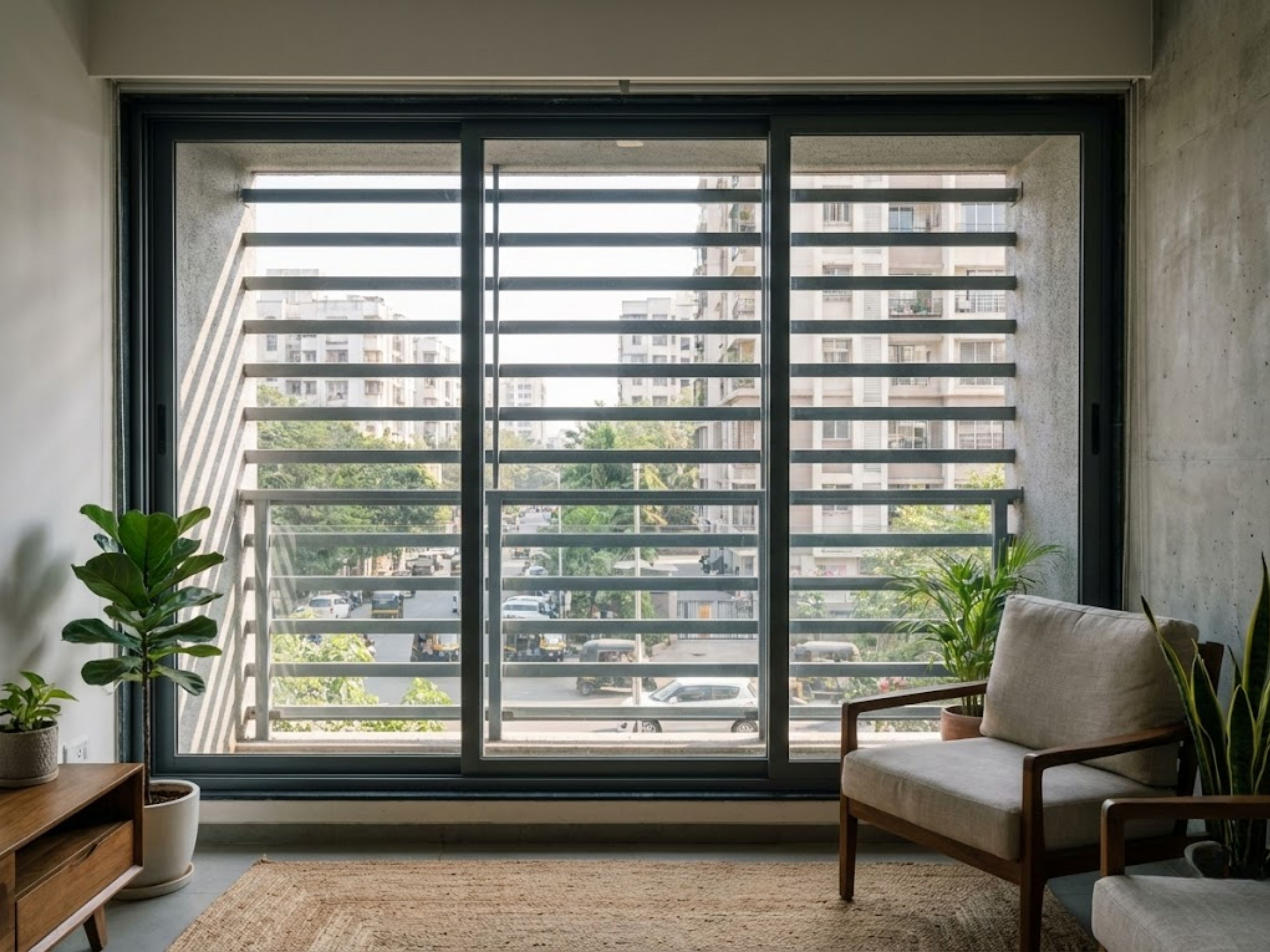 Modern balcony with railing, plants, and seating - Beautiful Homes