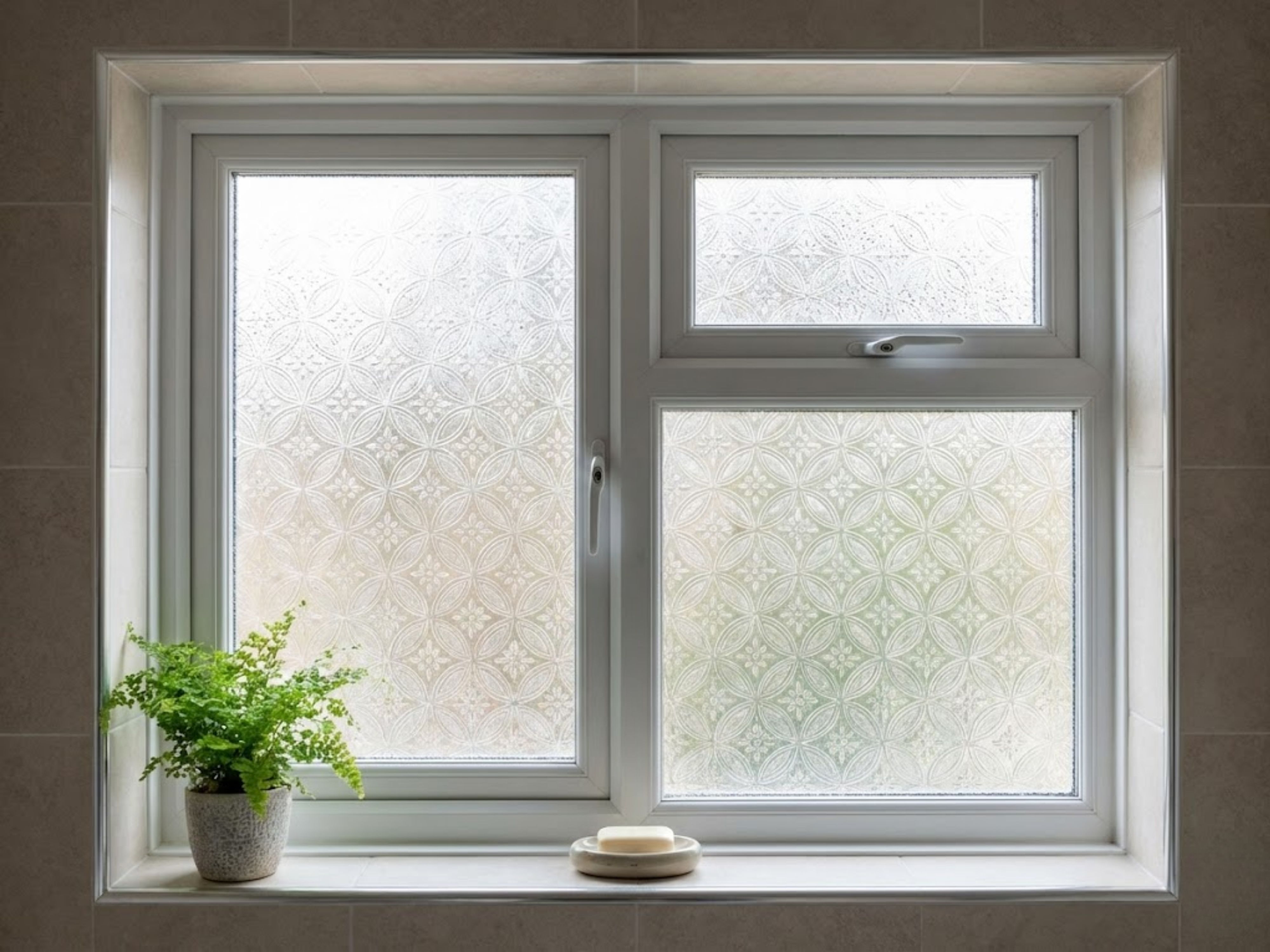 Bathroom window with frosted patterned glass and plant - Beautiful Homes