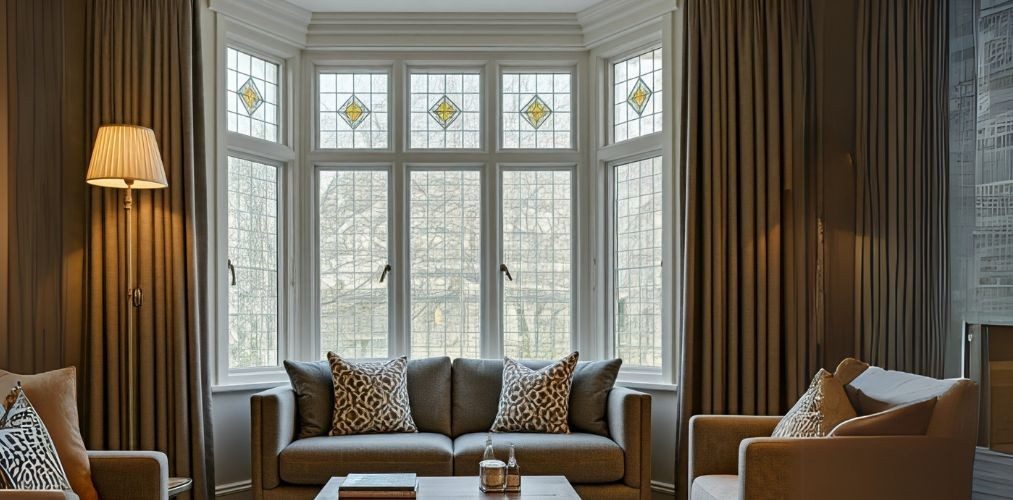Bay window glass design in living room - Beautiful Homes