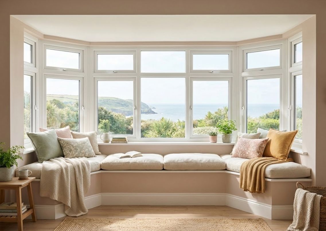 Bay window with cozy seating and coastal view - Beautiful Homes
