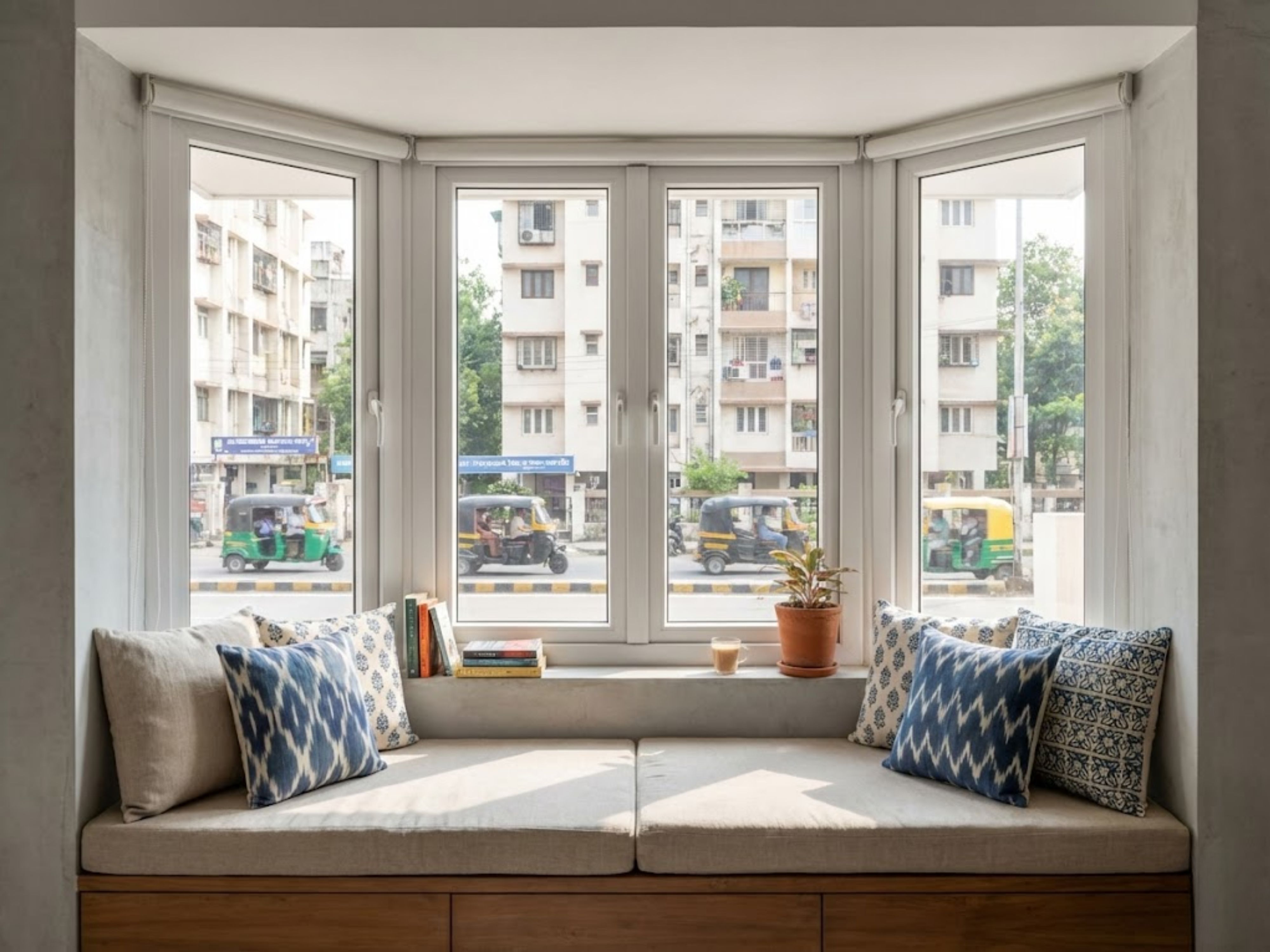Bay window seating with cushions and urban view - Beautiful Homes