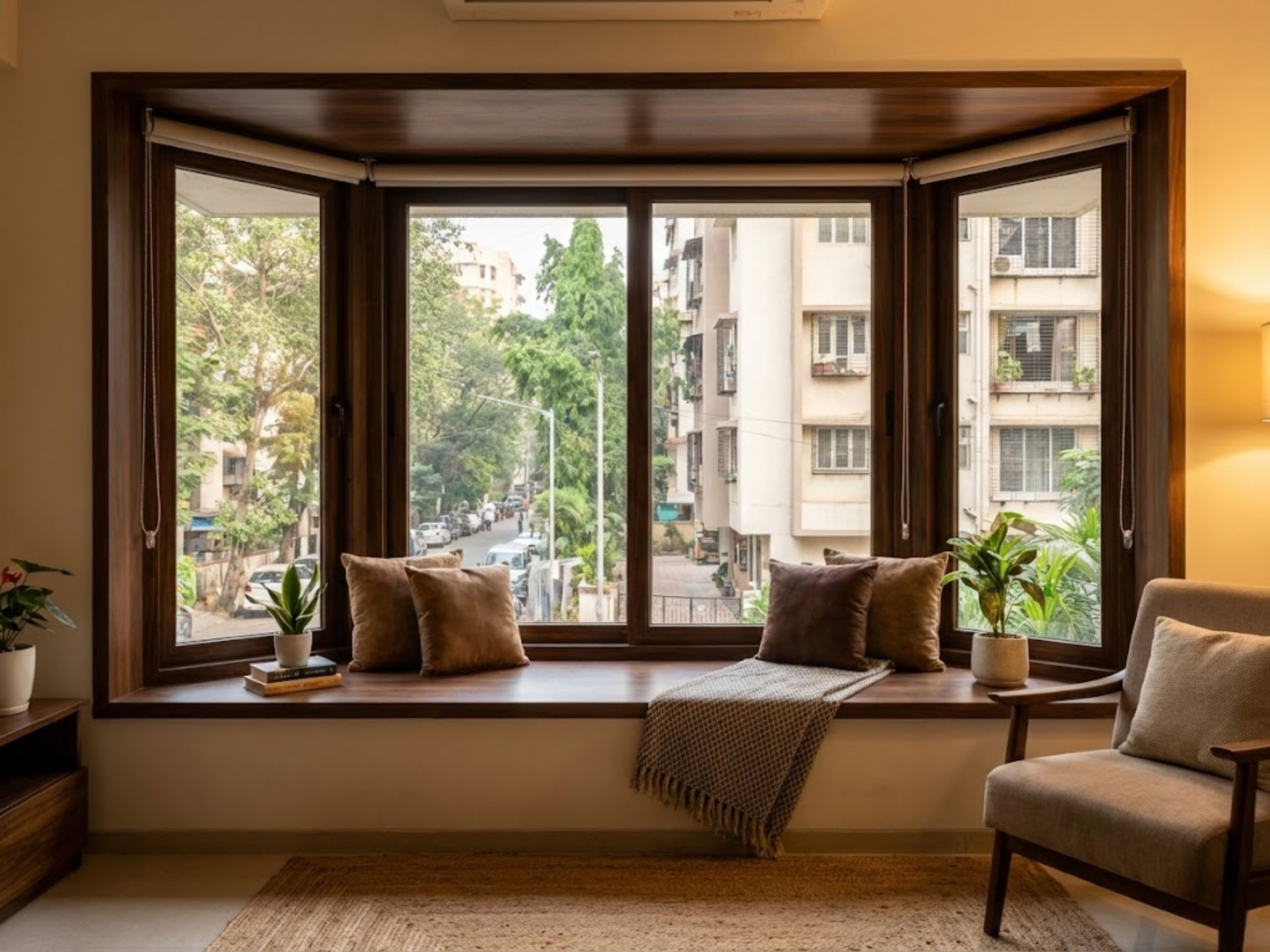 Modern bay window with warm seating area - Beautiful Homes