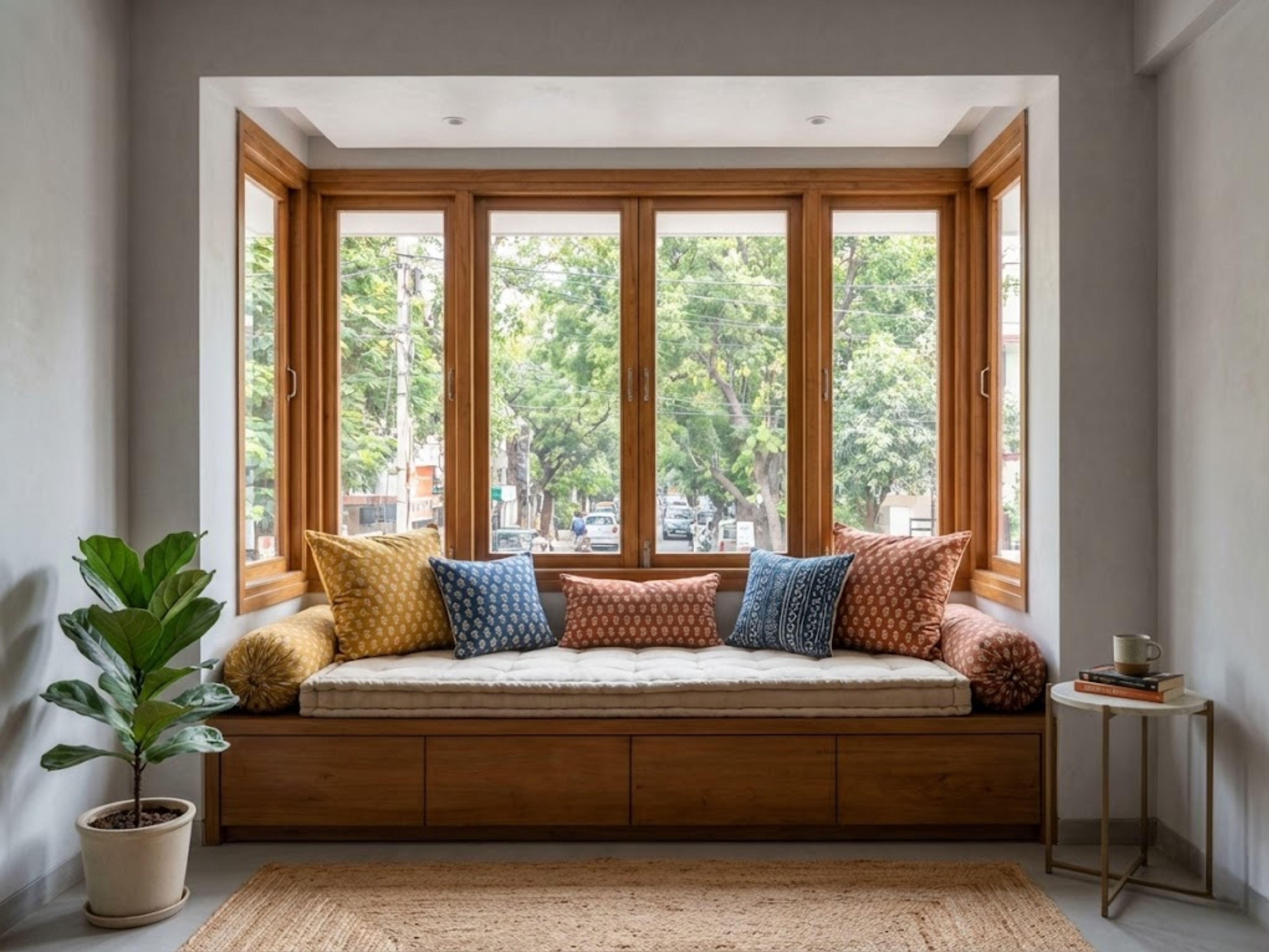 Wooden window with bench and vibrant cushions - Beautiful Homes