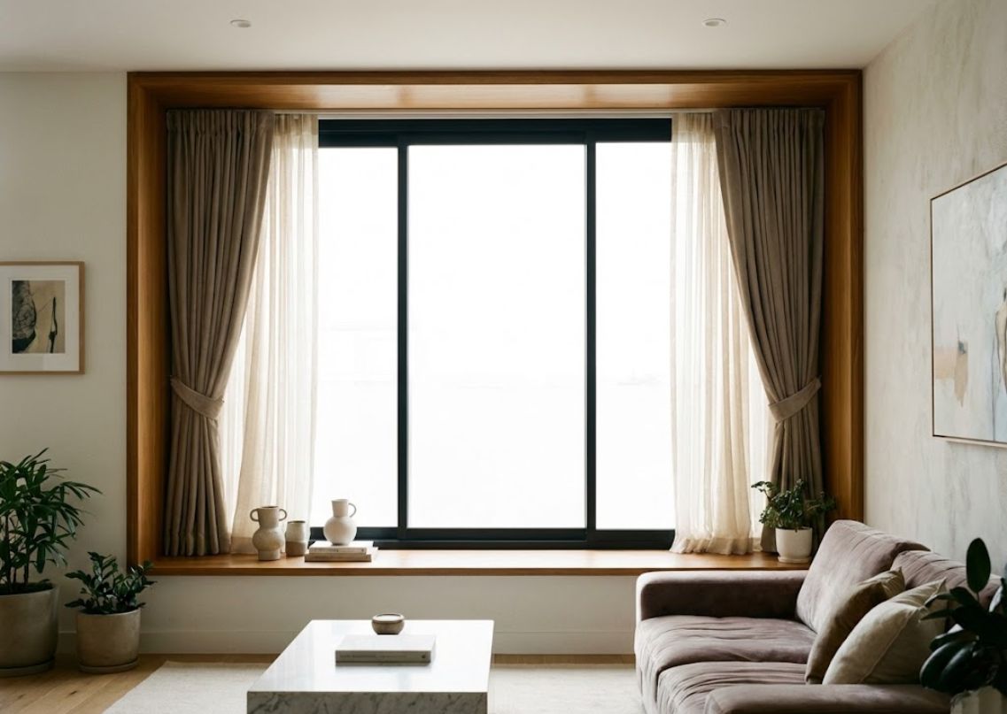 Bright living room with sofa and large window - Beautiful Homes