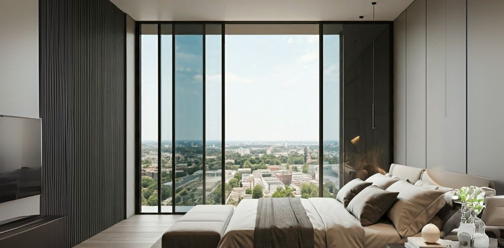 Black tinted sliding windows for a contemporary bedroom - Beautiful Homes