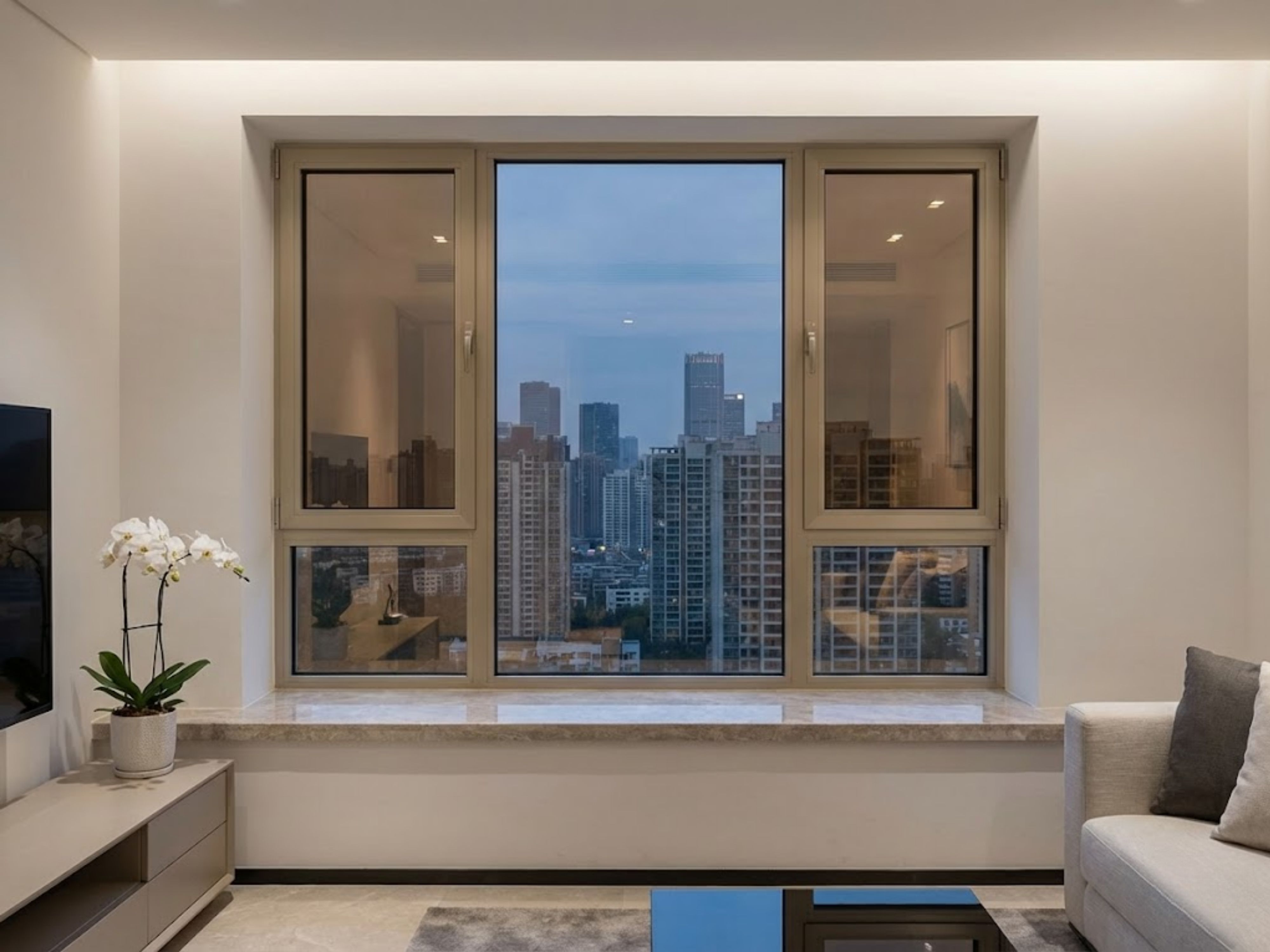Living room with large windows and city view - Beautiful Homes