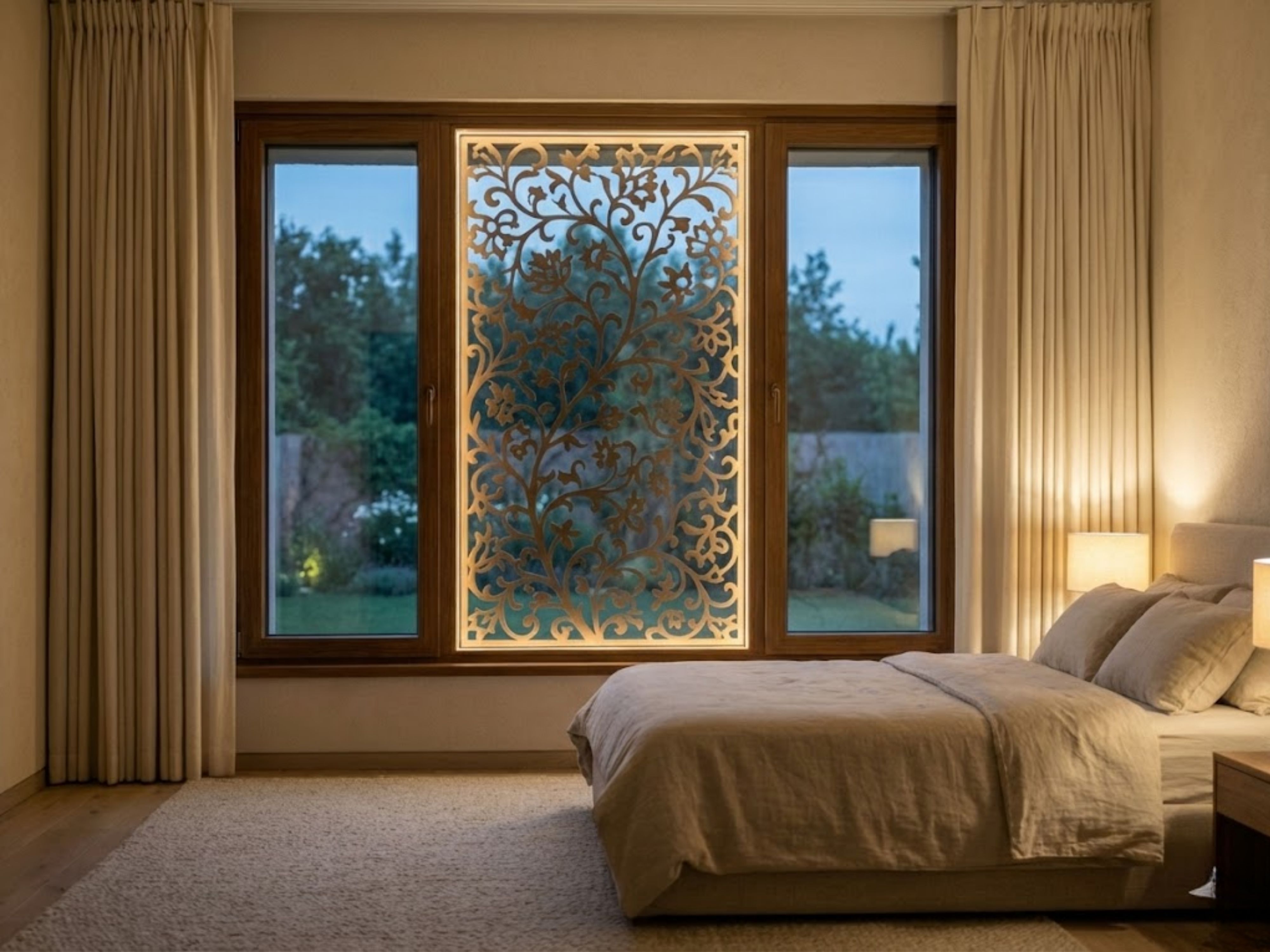 Bedroom with floral window panel and warm lighting - Beautiful Homes