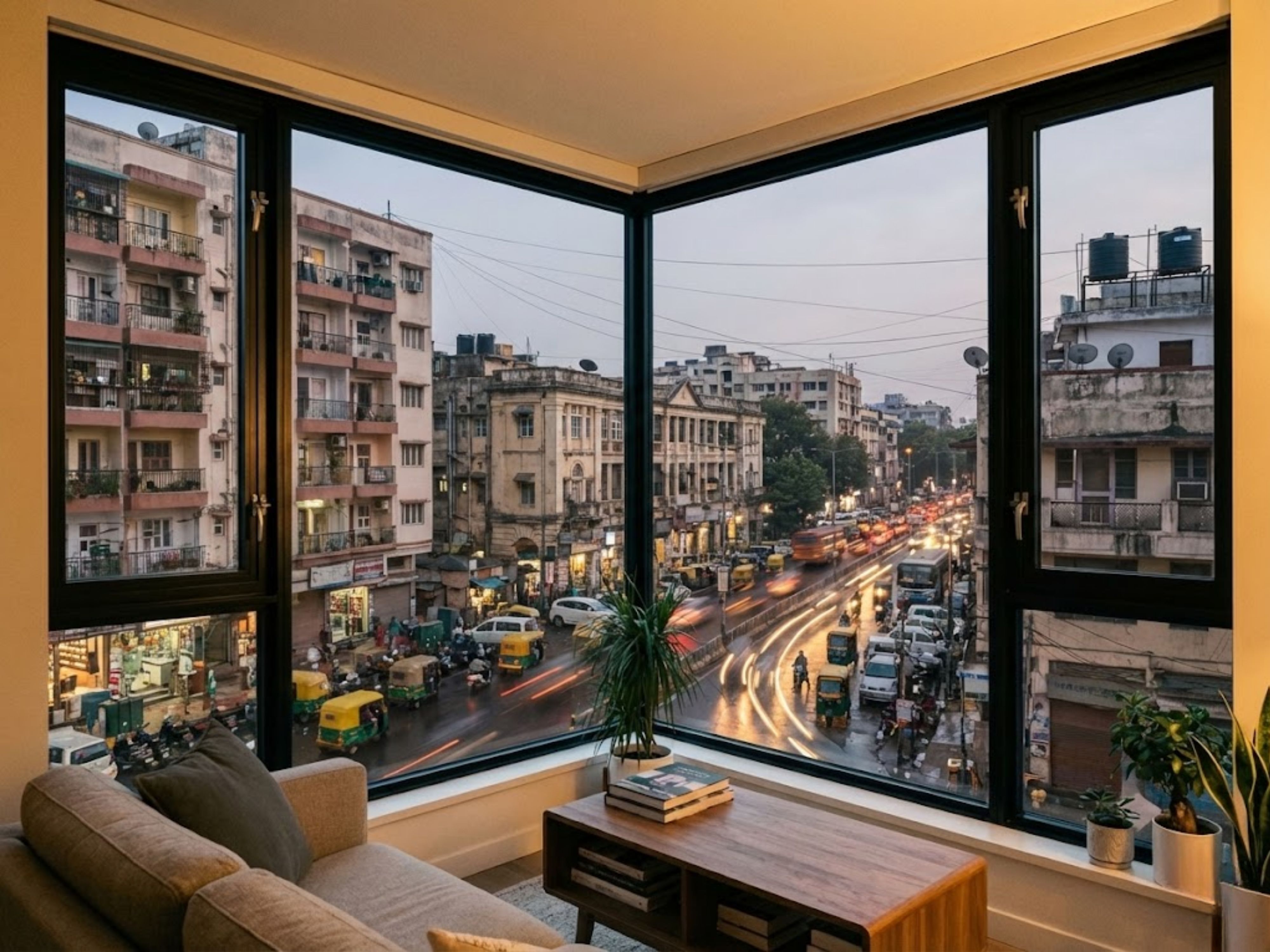 Living room with large windows and city evening view - Beautiful Homes