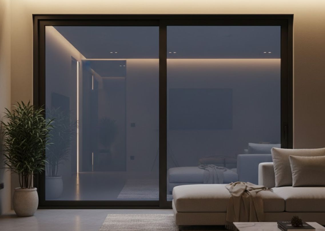 Modern living room with glass window and cozy sofa - Beautiful Homes