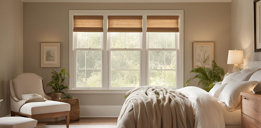 Double hung window in bedroom with roller curtains - Beautiful Homes