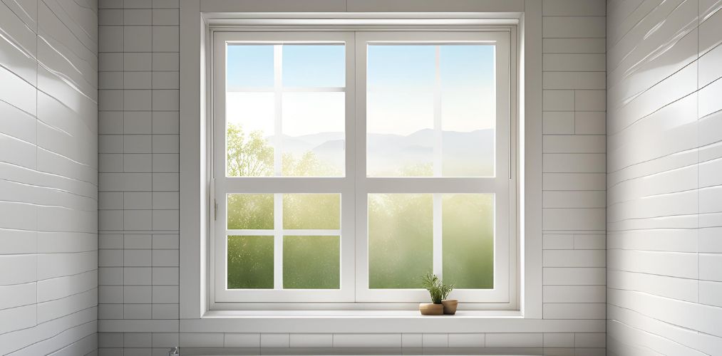 Double hung window in white frame for a bathroom - Beautiful Homes