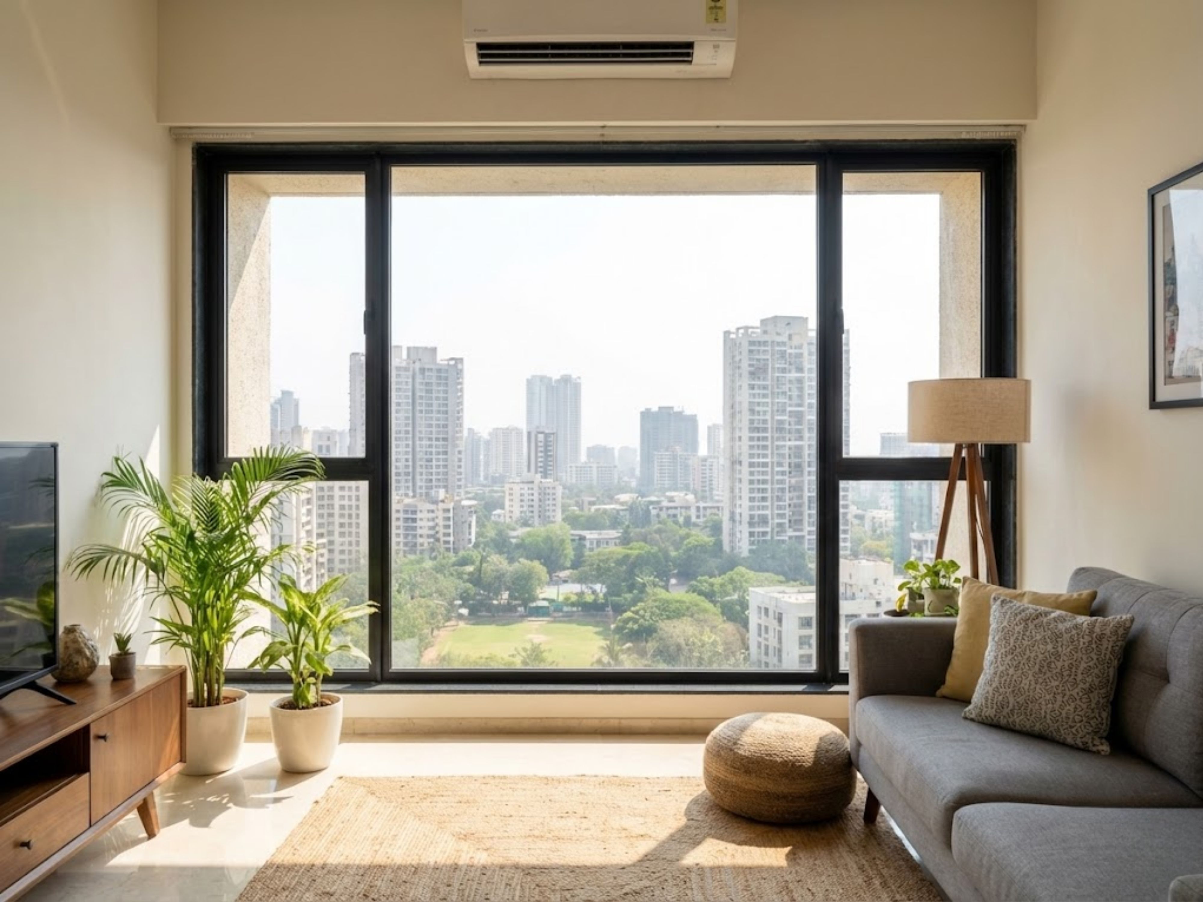 Living room with window and cityscape view - Beautiful Homes