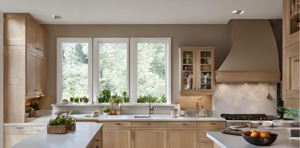 Fixed window design for a light wooden kitchen - Beautiful Homes