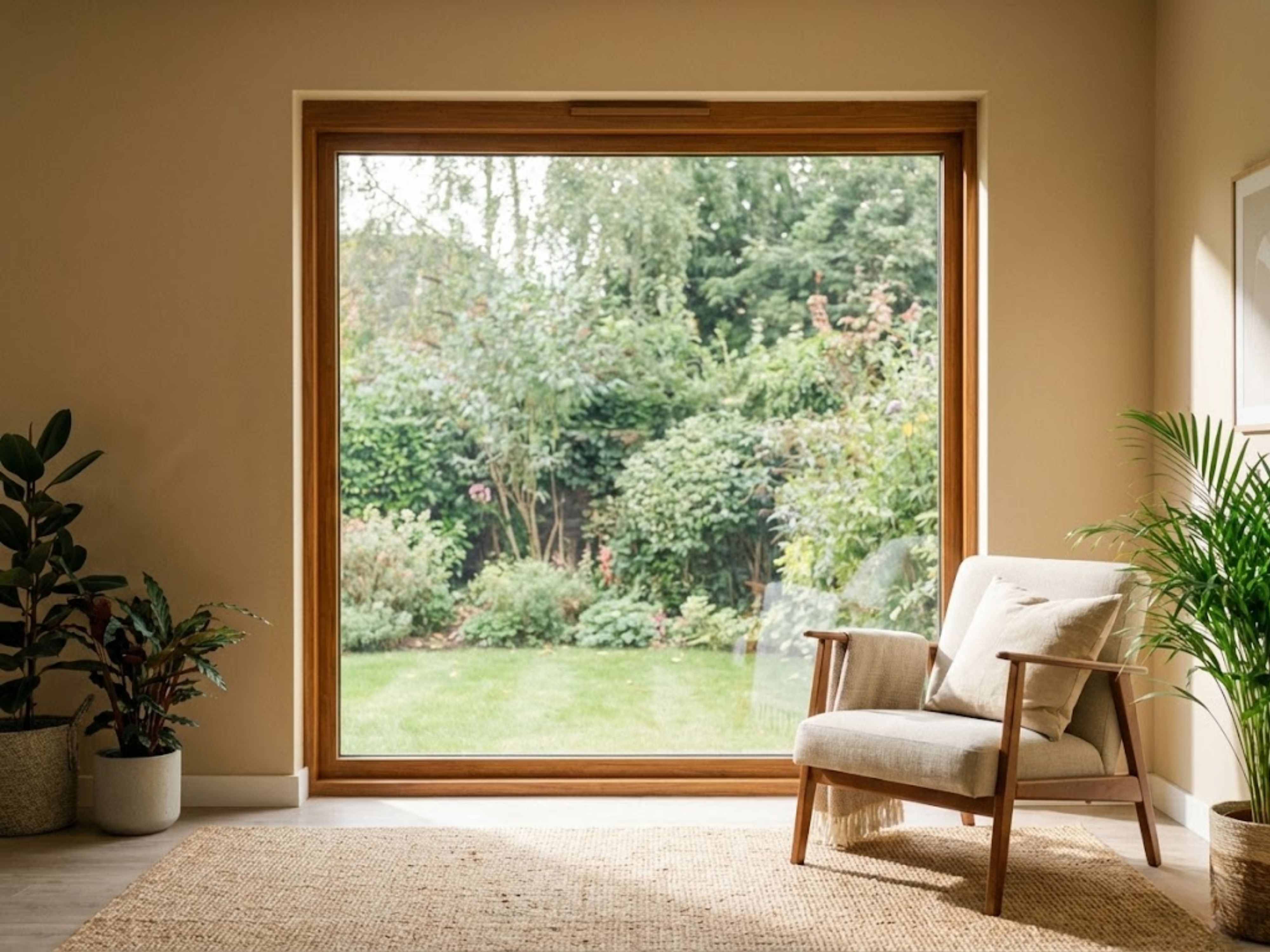 Living room with a large window and wooden chair - Beautiful Homes