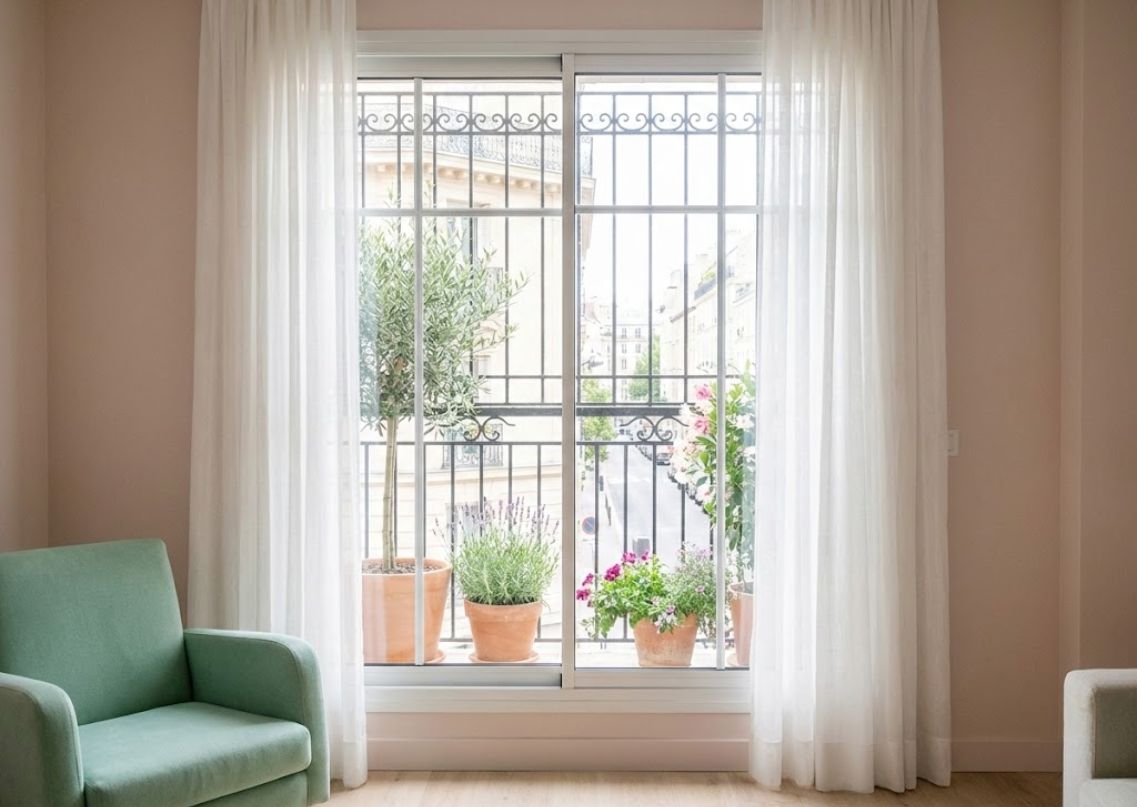Balcony with plants and white curtains - Beautiful Homes
