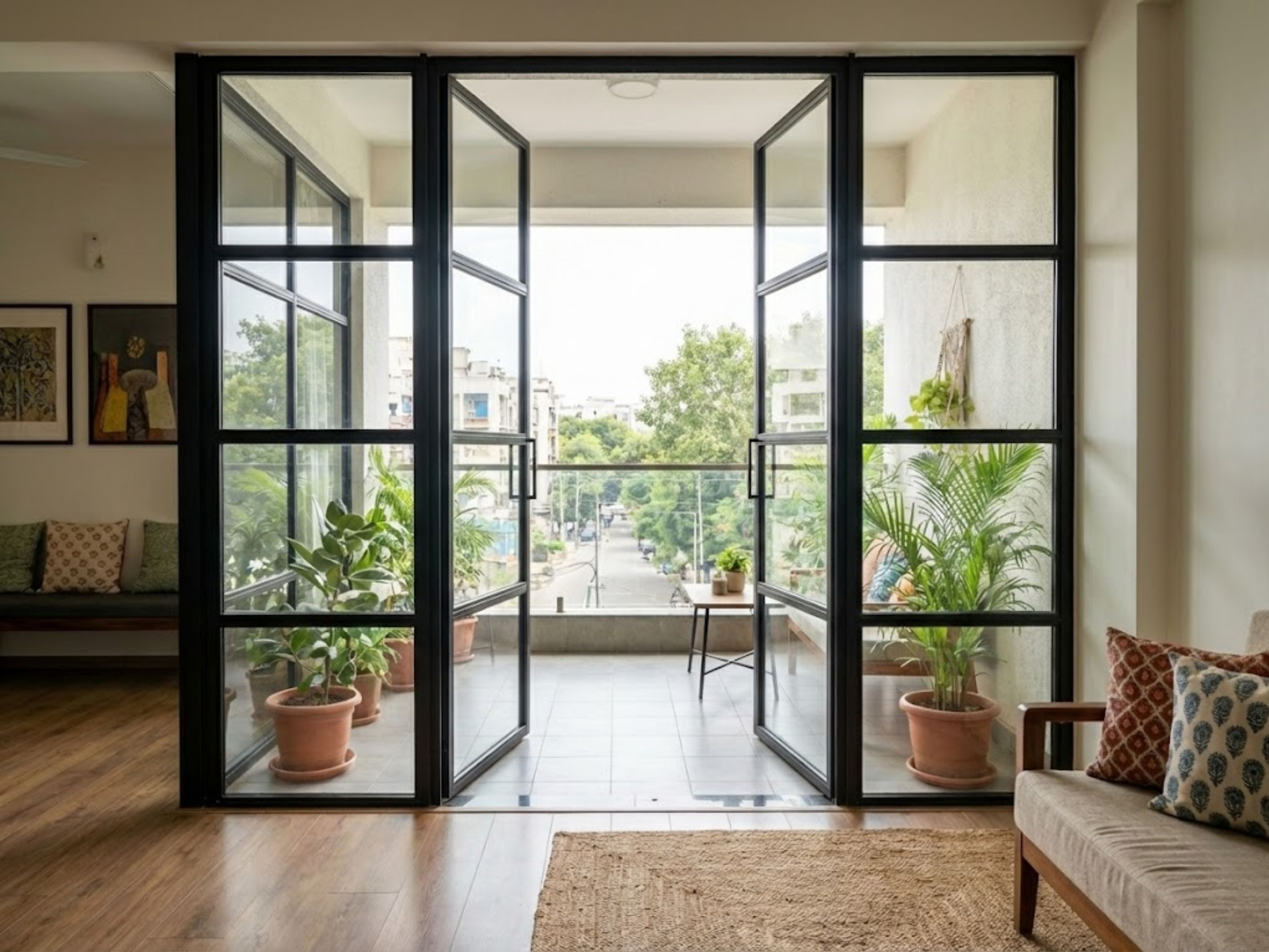 Stylish balcony with glass doors and potted plants - Beautiful Homes