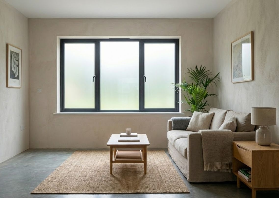 Modern bathroom with black fittings and large window - Beautiful Homes