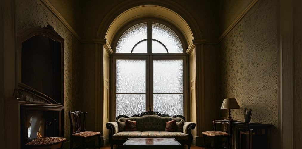 Full-height frosted glass arched window - Beautiful Homes