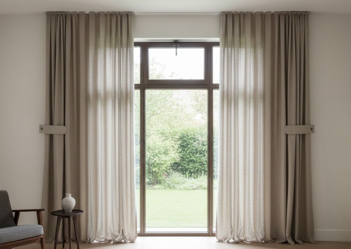 Beige curtains framing a glass door with natural light - Beautiful Homes