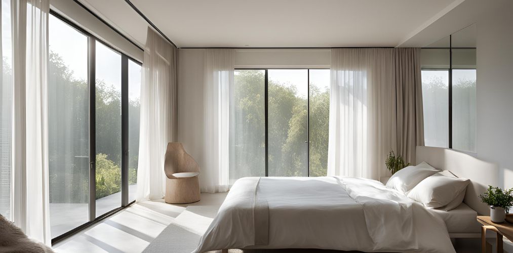 Large windows with sheer curtains for a minimalist bedroom - Beautiful Homes