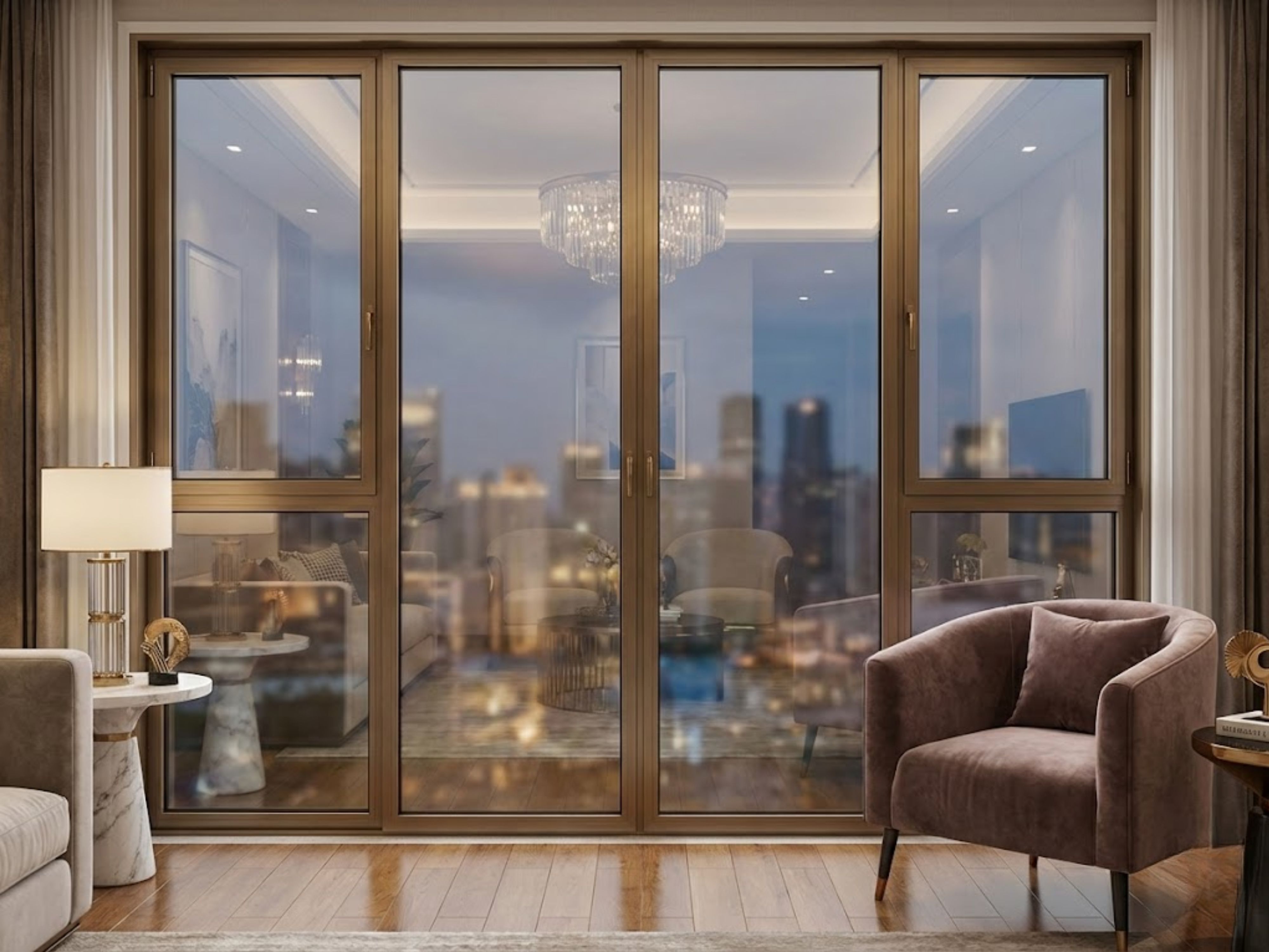 Living room with glass doors and elegant décor - Beautiful Homes