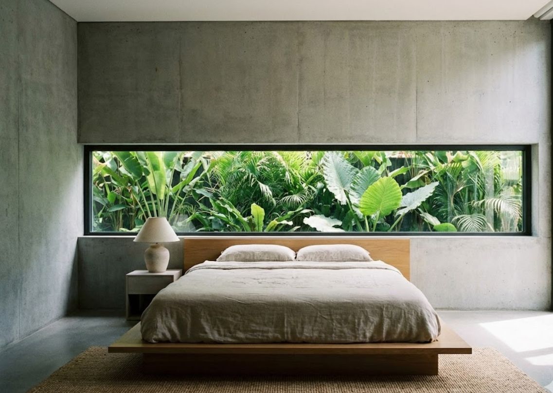 Bedroom with wooden bed and greenery view - Beautiful Homes