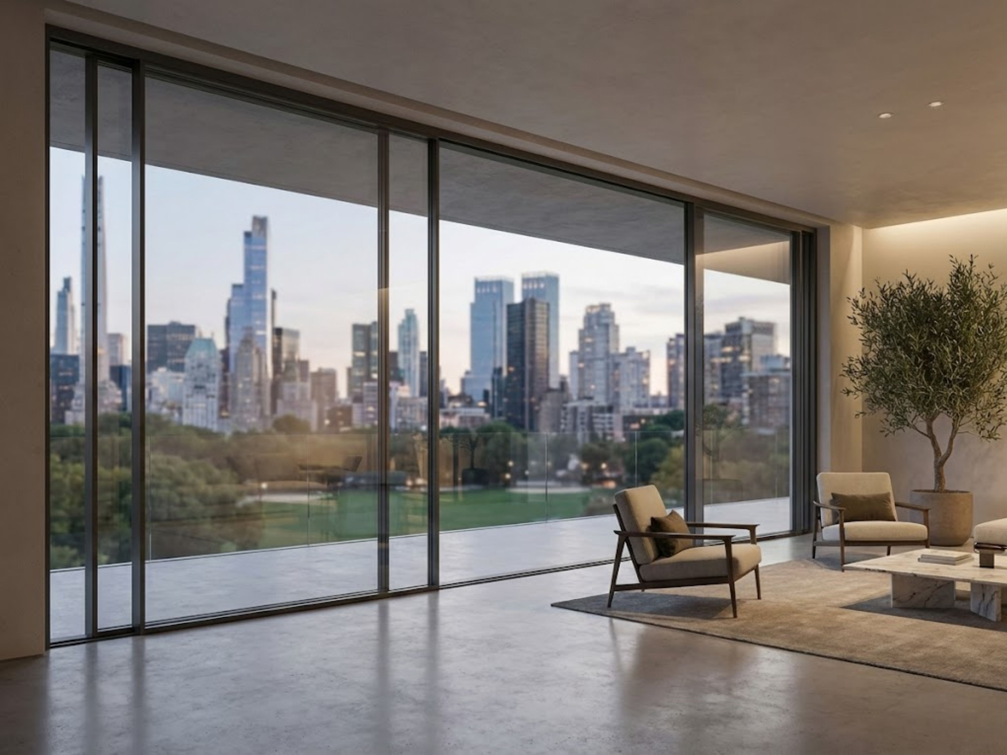 Living room with glass balcony and city view - Beautiful Homes