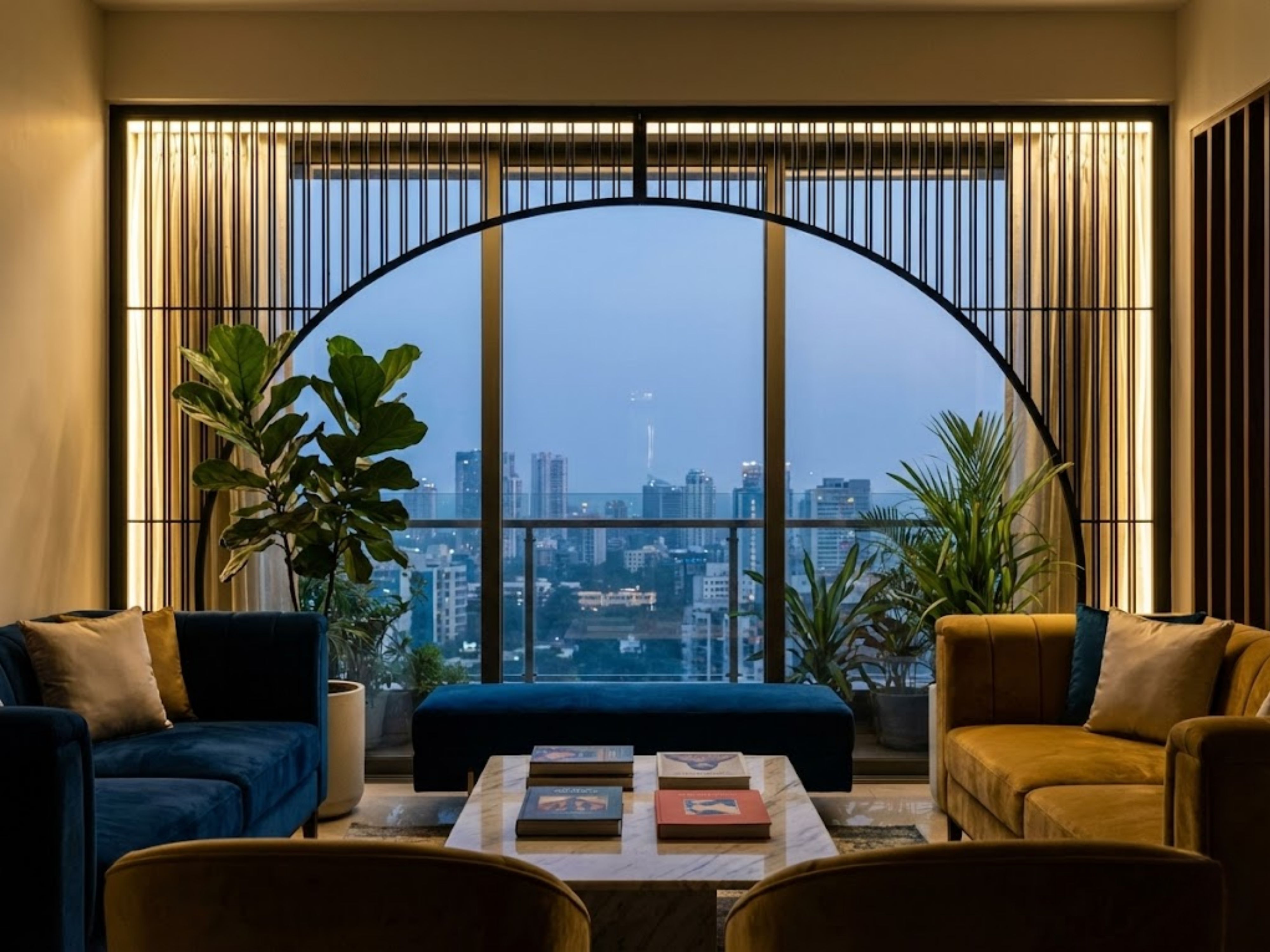 Living room with city view and stylish décor - Beautiful Homes