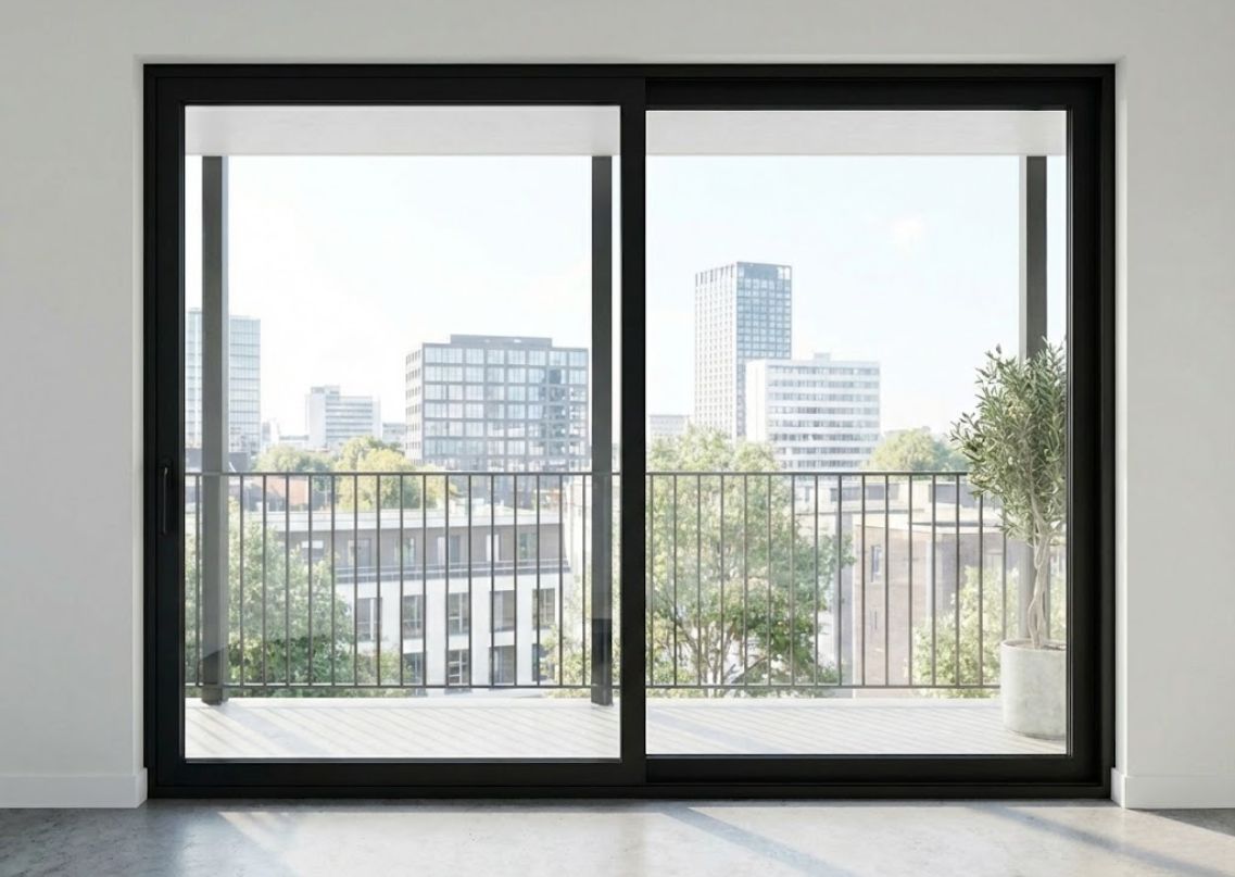 Urban balcony view with glass door and railing - Beautiful Homes