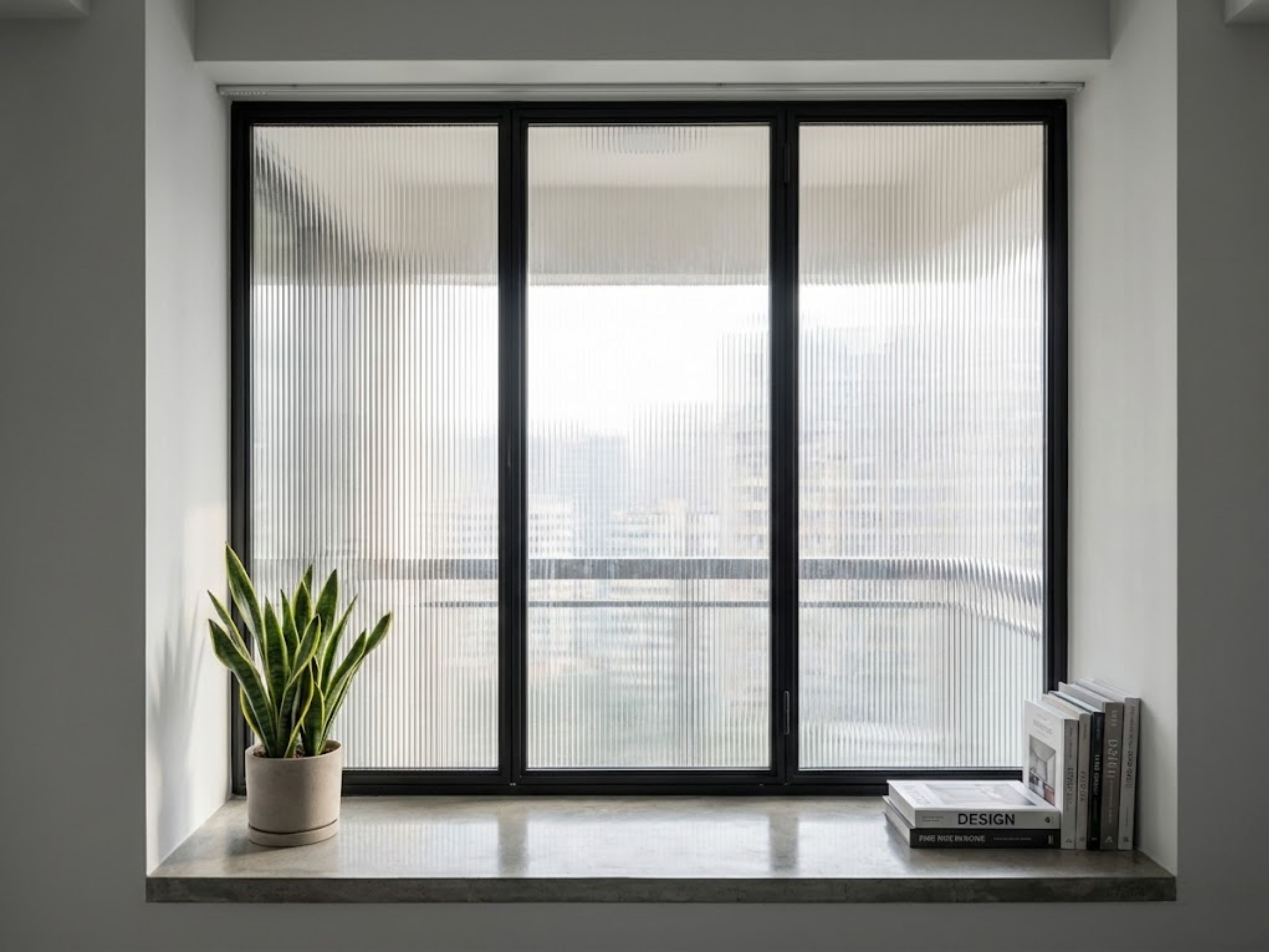 Frosted glass window with black frame and planter - Beautiful Homes