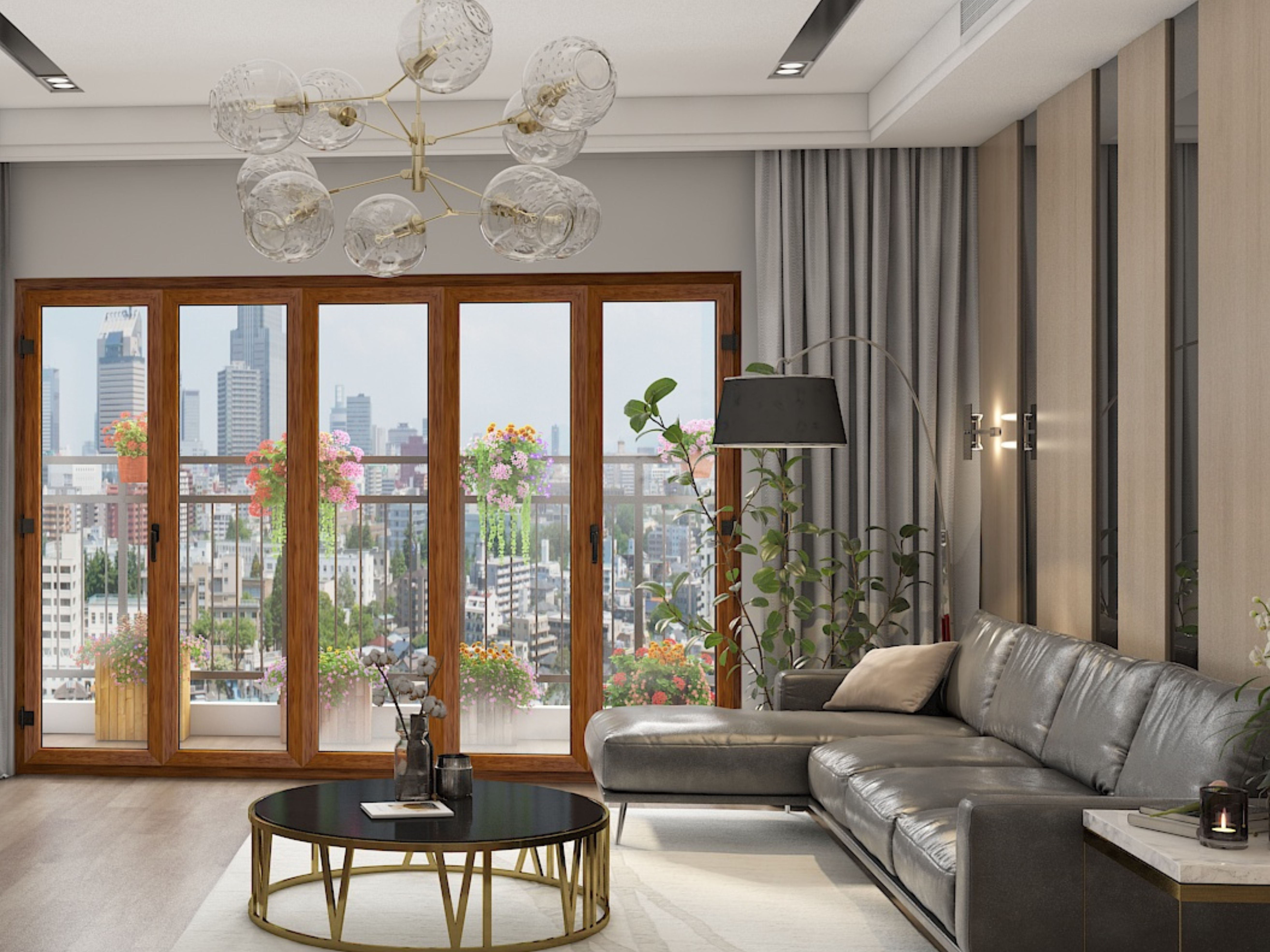 Contemporary living room featuring a wooden-framed glass window overlooking a vibrant cityscape - Beautiful Homes