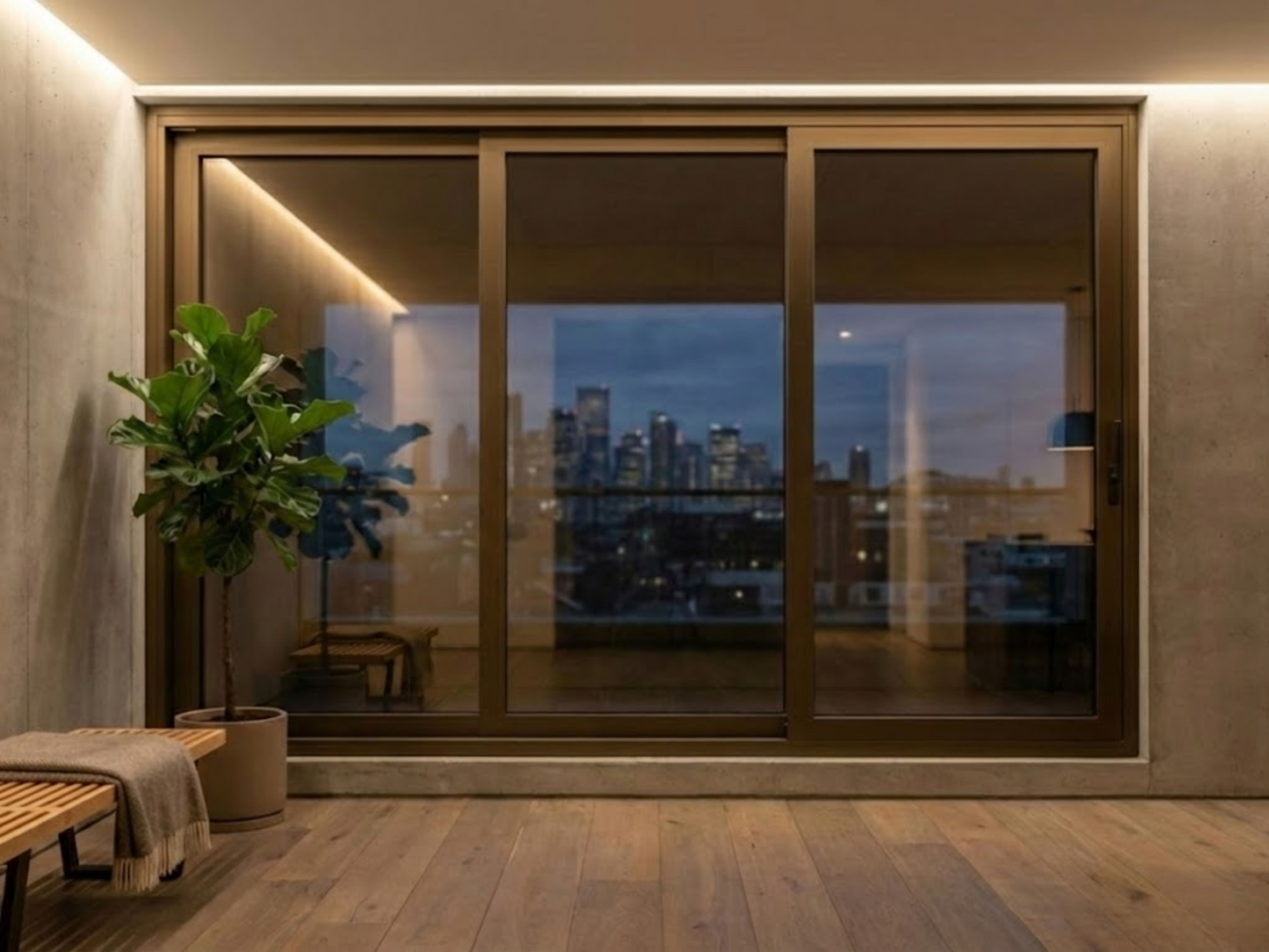 Sliding glass doors opening to a balcony with city view - Beautiful Homes