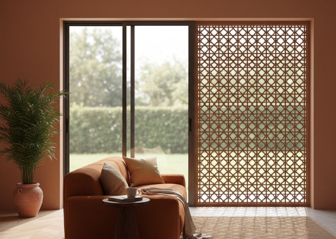 Living room with orange sofa, panel, and greenery - Beautiful Homes