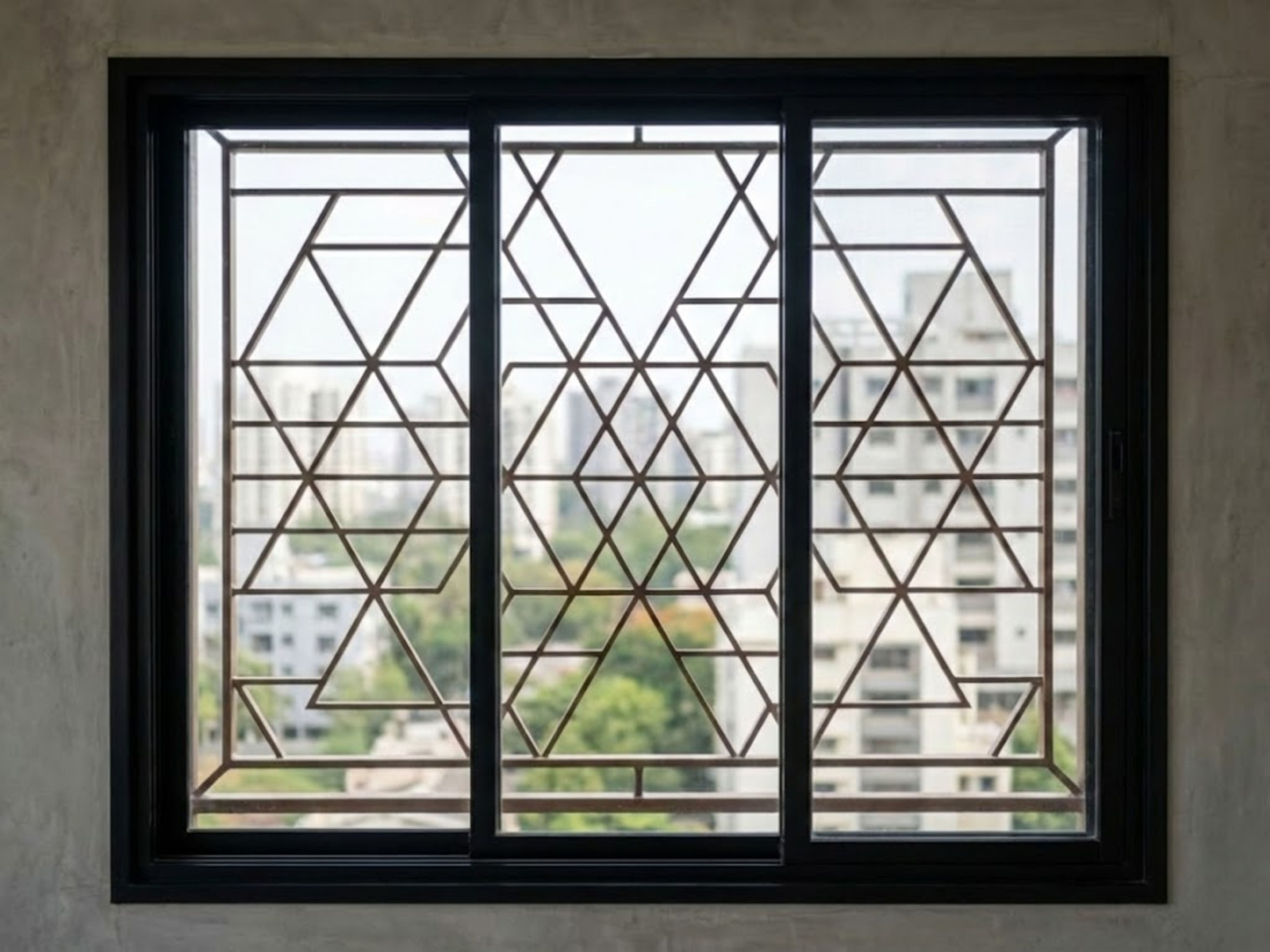 Geometric balcony window with black iron grill design - Beautiful Homes