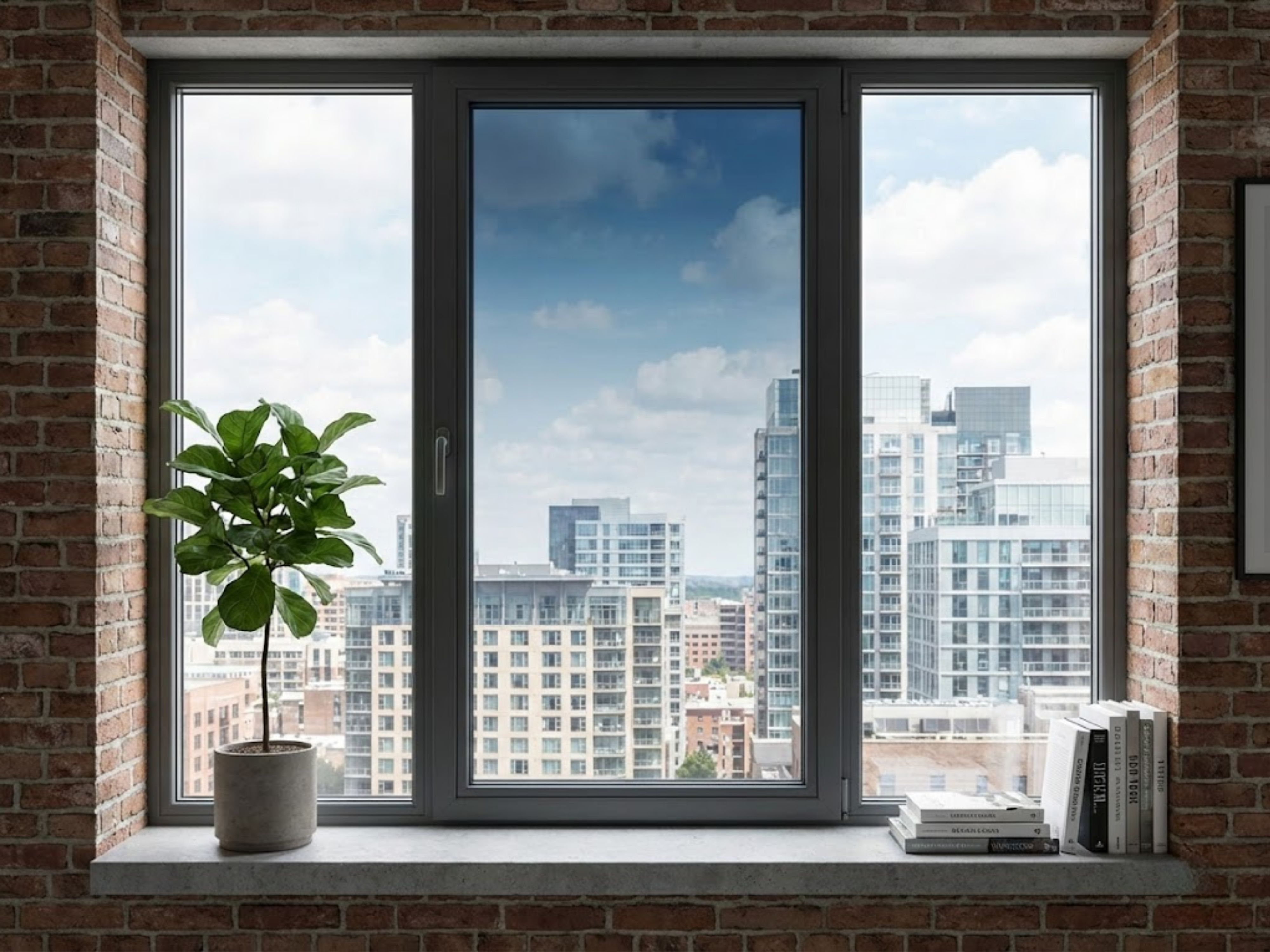 Glass window with cityscape and indoor plant - Beautiful Homes